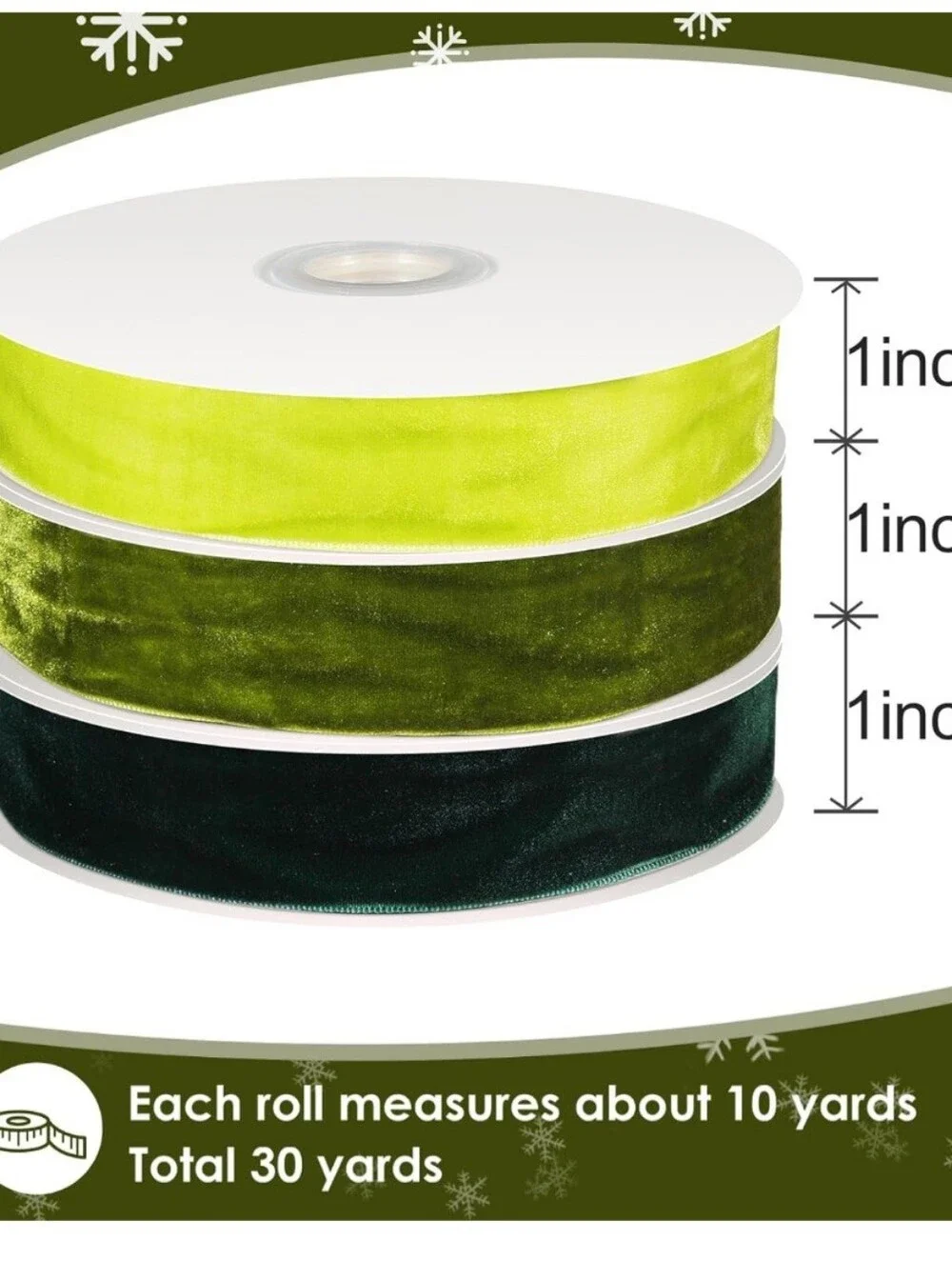 Velvet Ribbon Trio in Lime, Olive & Forest Green. 10 yards each. NWT.